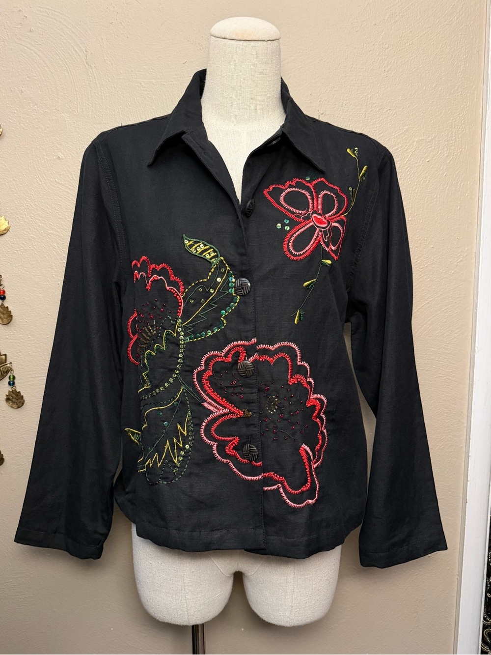 Studio Works Black Linen Blend Floral Beaded Embroidered Button Down Top Size PL